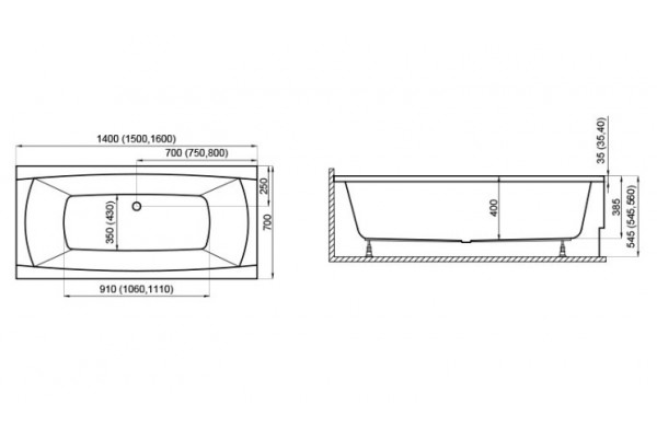 Прямоугольная Акриловая ванна CAPRI NEW 1600*700 мм
