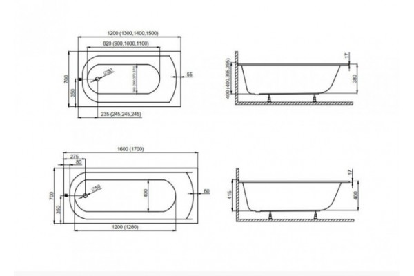 Прямоугольная Акриловая ванна CLASSIC SLIM 1500*750 мм